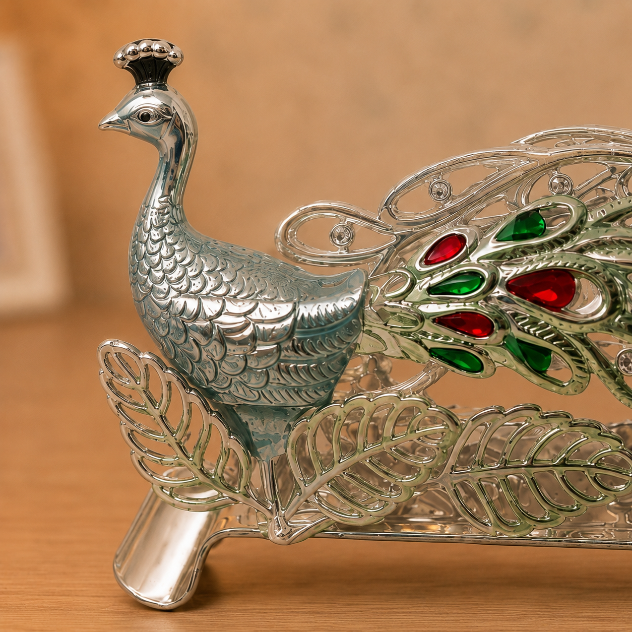 Silver-Tone Double Peacock Decorative Showpiece with Red & Green Stone Accents