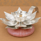 Premium Silver Finish Lotus Diya & Decorative Bell Set with Pink Stone-Style Base & Display Box