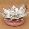 Premium Silver Finish Lotus Diya & Decorative Bell Set with Pink Stone-Style Base & Display Box