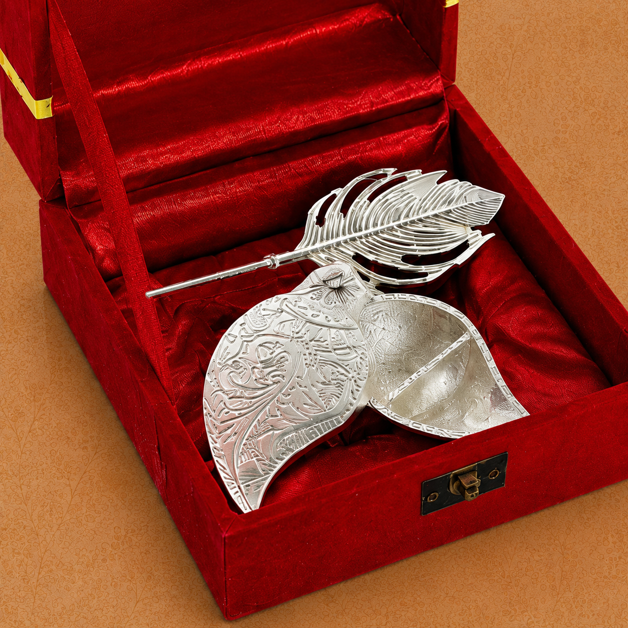 Premium Silver Finish Leaf-Shaped Serving Bowl with Decorative Lid & Feather Spoon