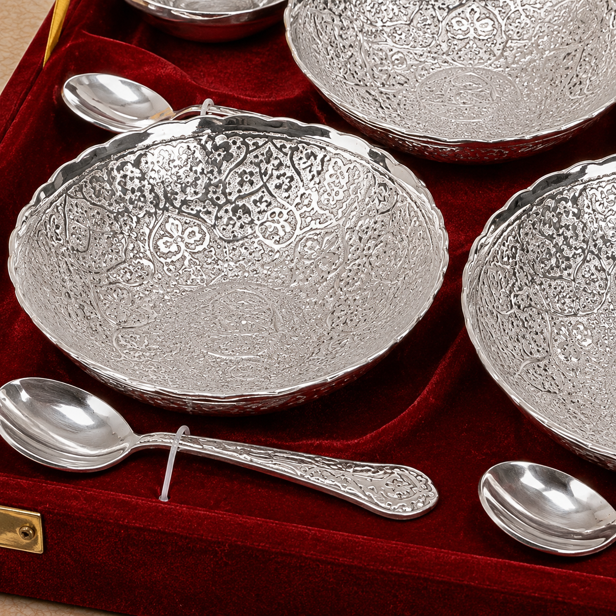 Royal Silver Finish Serving Set with Tray, 4 Bowls & 4 Spoons