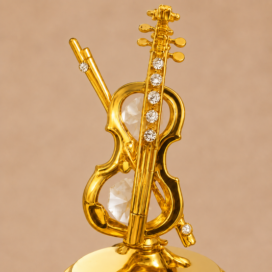 Premium Gold Finish Crystal Violin Showpiece – Luxury Musical Décor with Display Case