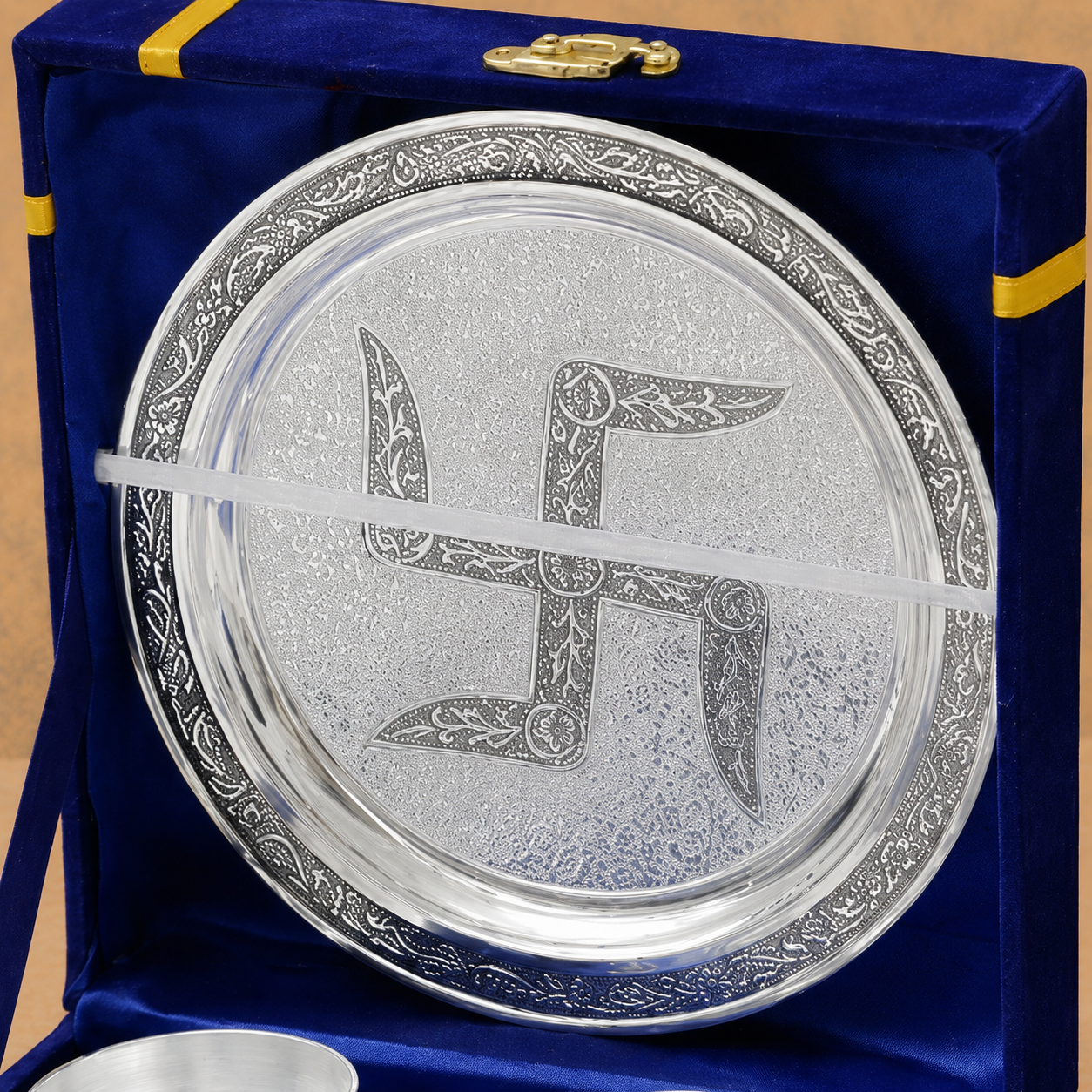 Royal Silver Finish Swastik Pooja Thali Set with Bell & Accessories – Premium Festive Gift Set