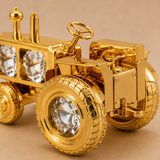 Premium Gold Finish Crystal Tractor Showpiece – Luxury Farm Vehicle Décor with Display Case