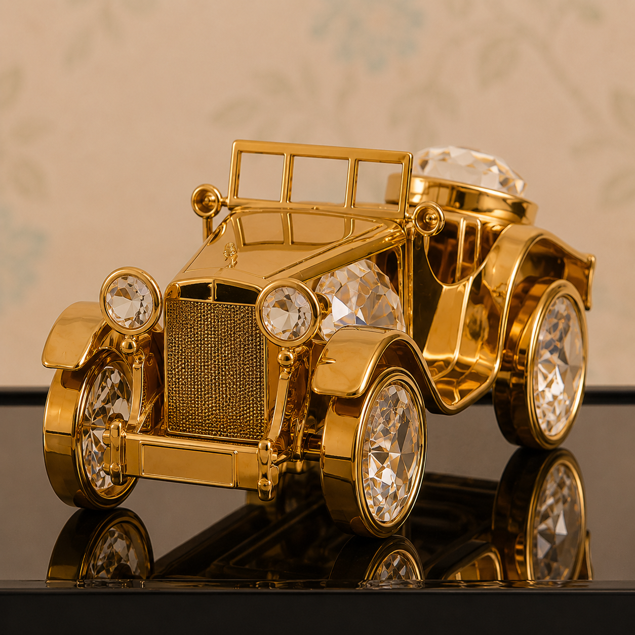 24K Gold-Plated Crystal Vintage Car Showpiece with Acrylic Display Case