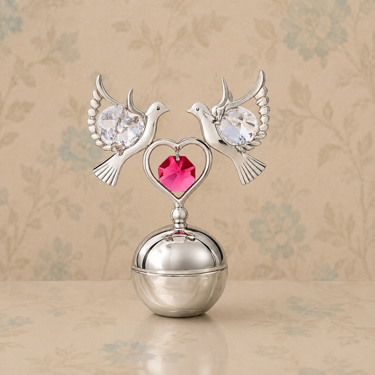 Silver Plated Twin Dove Figurine with Pink Crystal Heart