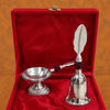 Premium Silver Finish Pooja Bell & Aarti Diya Set with Decorative Leaf Handle