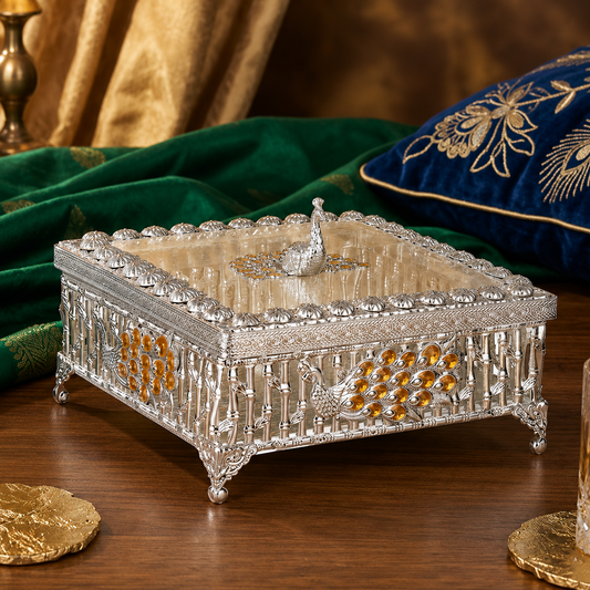 Premium Silver-Tone Peacock Dry Fruit Box with Decorative Lid