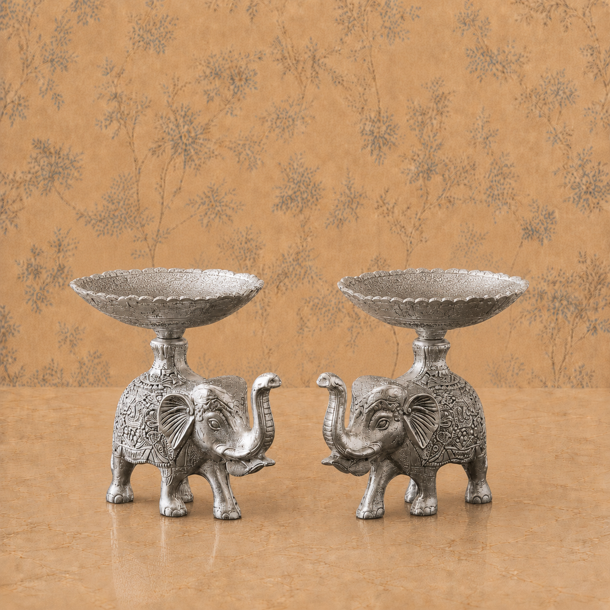 Antique Silver Elephant Bowl Holder Set – Pair