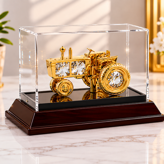 Premium Gold Finish Crystal Tractor Showpiece – Luxury Farm Vehicle Décor with Display Case