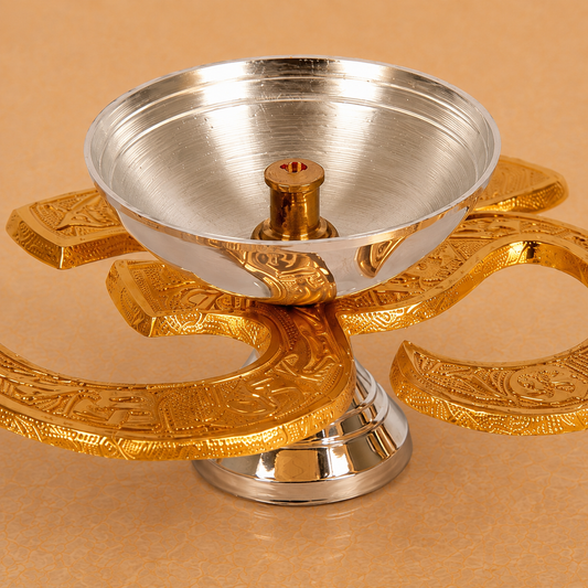 Royal Gold & Silver Finish Om Diya / Pooja Deepak with Velvet Gift Box