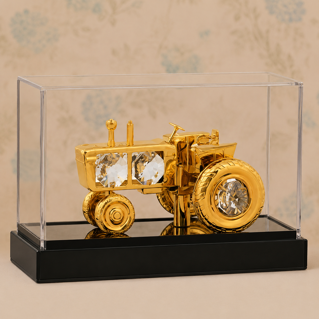 Premium Gold Finish Crystal Tractor Showpiece – Luxury Farm Vehicle Décor with Display Case