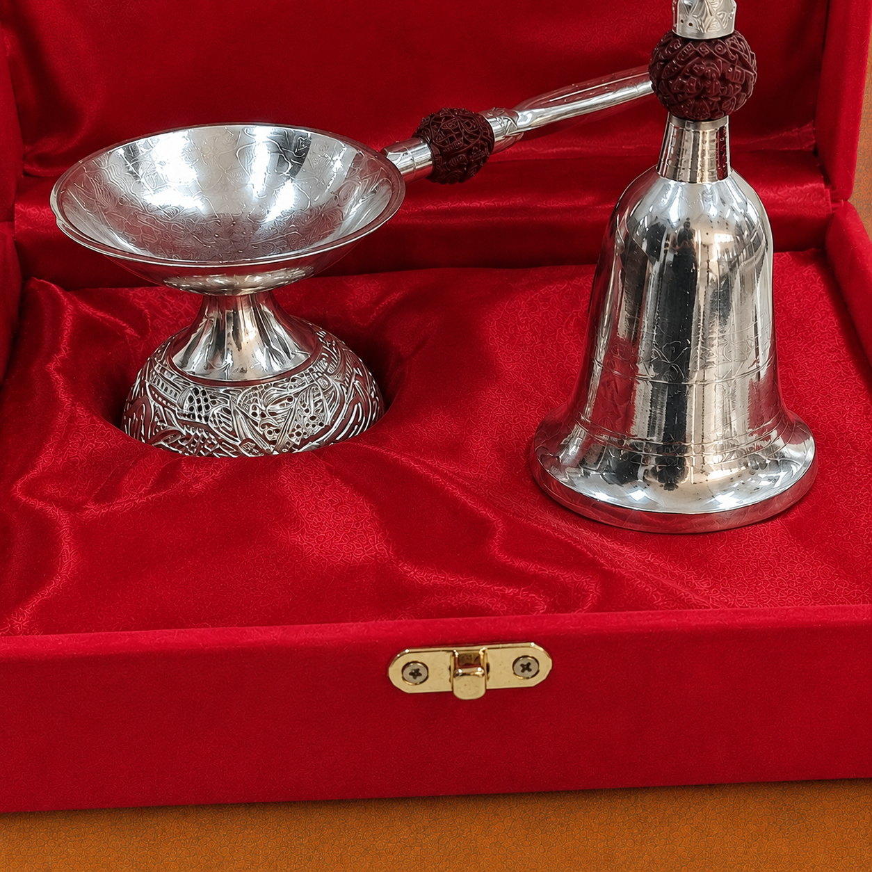 Premium Silver Finish Pooja Bell & Aarti Diya Set with Decorative Leaf Handle