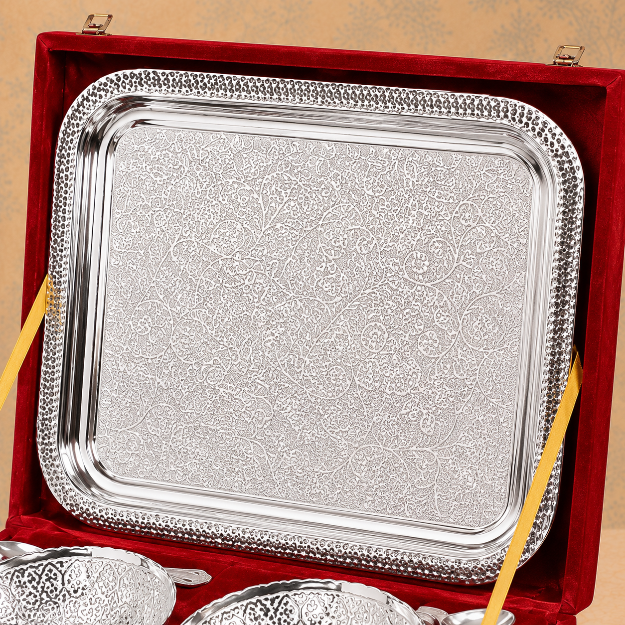 Royal Silver Finish Serving Set with Tray, 4 Bowls & 4 Spoons