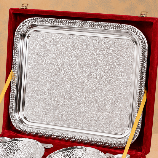 Royal Silver Finish Serving Set with Tray, 4 Bowls & 4 Spoons