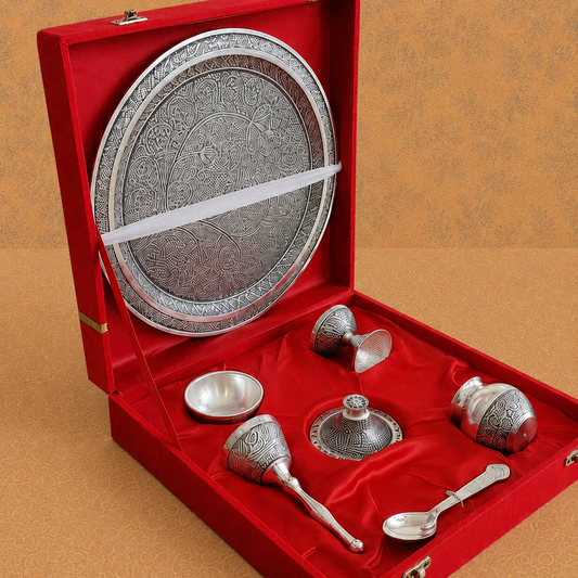 Royal Silver Finish Engraved Pooja Thali Set with Accessories