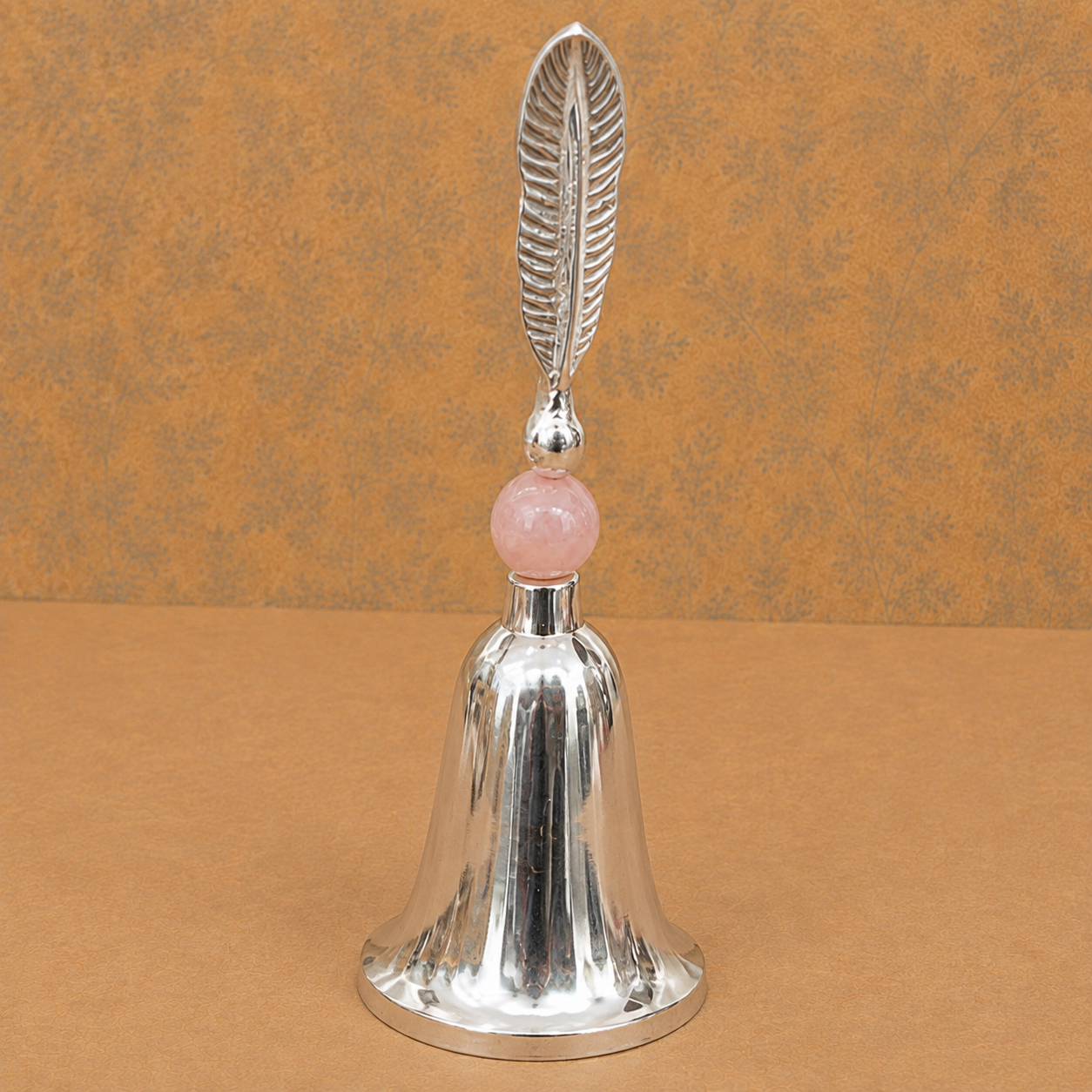 Premium Silver Finish Lotus Diya & Decorative Bell Set with Pink Stone-Style Base & Display Box