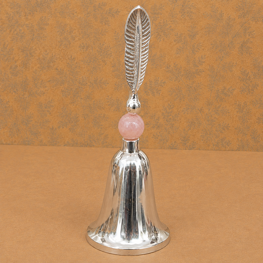 Premium Silver Finish Lotus Diya & Decorative Bell Set with Pink Stone-Style Base & Display Box