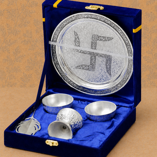Royal Silver Finish Swastik Pooja Thali Set with Bell & Accessories – Premium Festive Gift Set