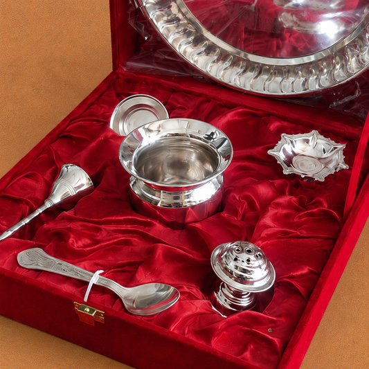 Premium Silver Finish Pooja Thali Set with Accessories & Red Velvet Gift Box