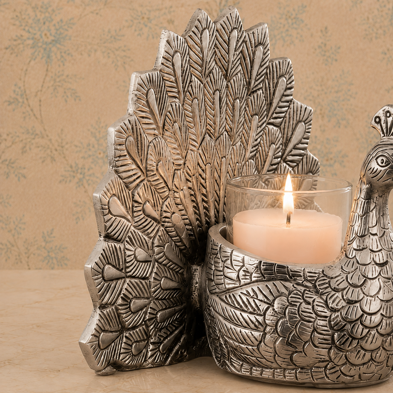 Antique Silver-Tone Peacock Tealight Candle Holder with Glass Cup