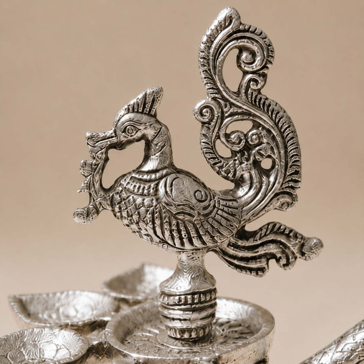 Silver Peacock Panchmukhi Diya with Decorative Handle