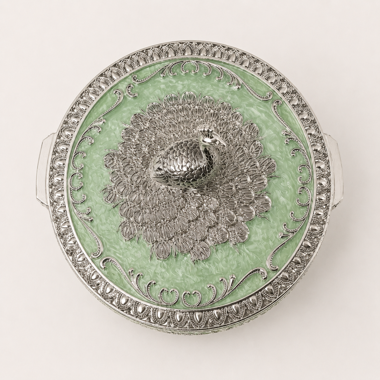 German Silver Peacock Enamel Decorative Storage Box