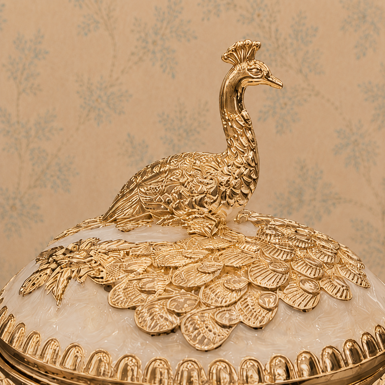 Premium Gold-Tone Peacock Decorative Serving Bowl with Lid & Spoon