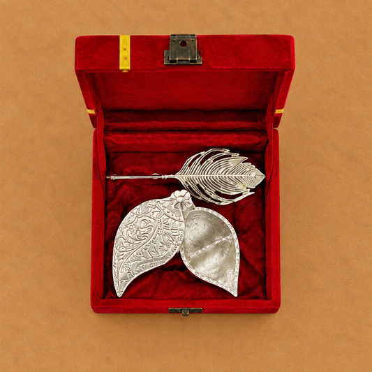 Premium Silver Finish Leaf-Shaped Serving Bowl with Decorative Lid & Feather Spoon