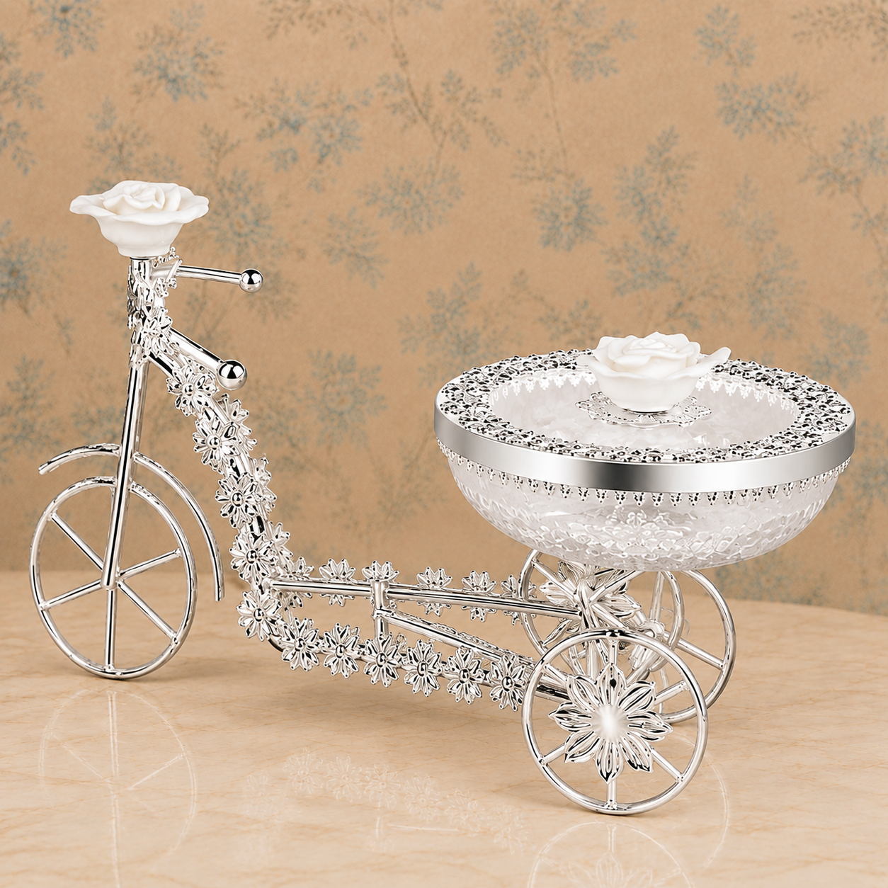 Premium Silver-Tone Decorative Cycle Dry Fruit Bowl with Rose Design