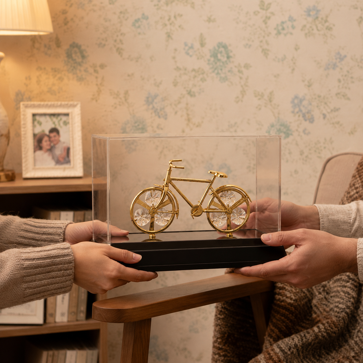 Premium Gold Finish Crystal Bicycle Showpiece – Luxury Table Décor with Display Case