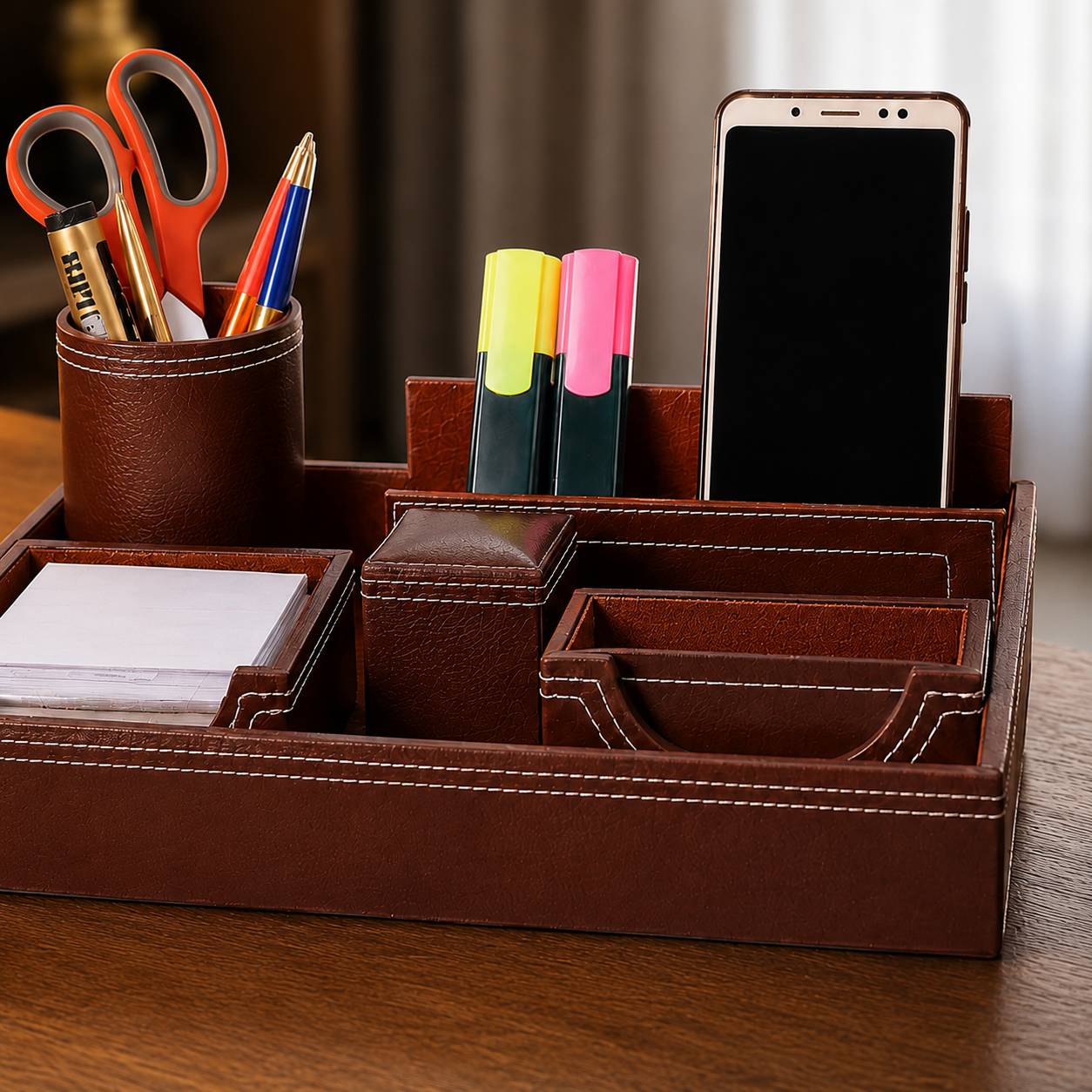 Premium Leather Desk Organizer – Multi-Compartment Office Stationery & Mobile Holder