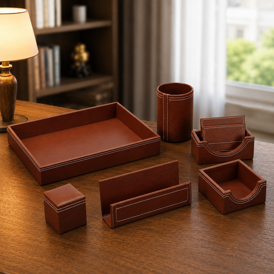 Premium Leather Desk Organizer – Multi-Compartment Office Stationery & Mobile Holder