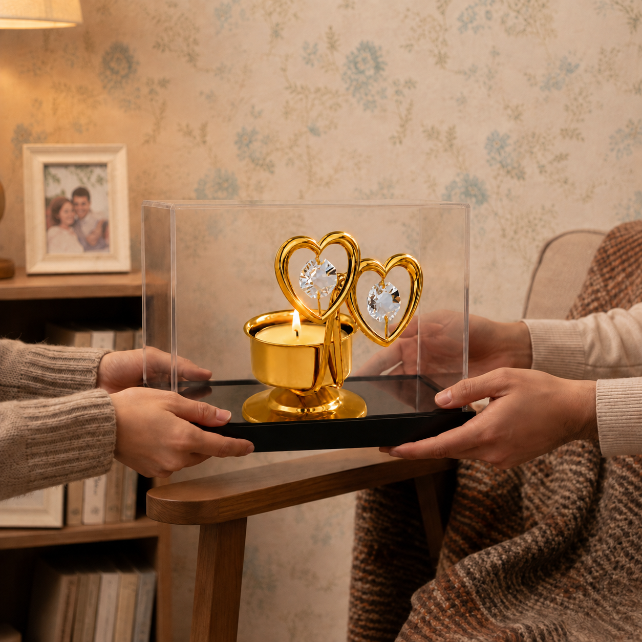 24K Gold Plated Double Heart Crystal Candle Holder