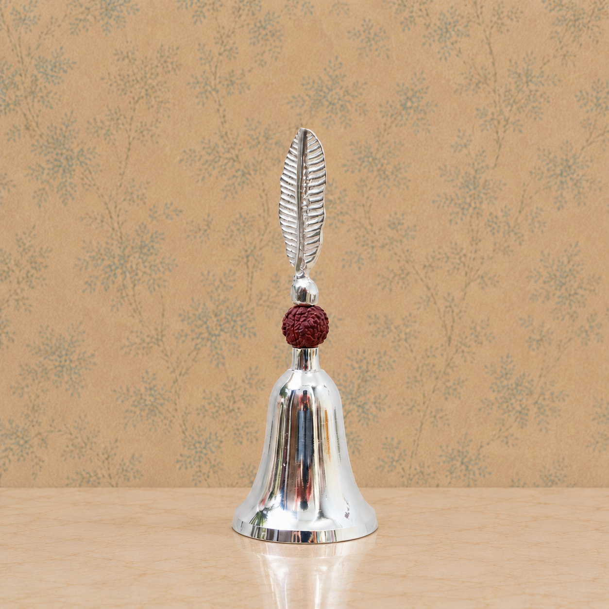German Silver Decorative Pooja Bell with Rudraksha Bead & Feather Handle – Premium Gift Box