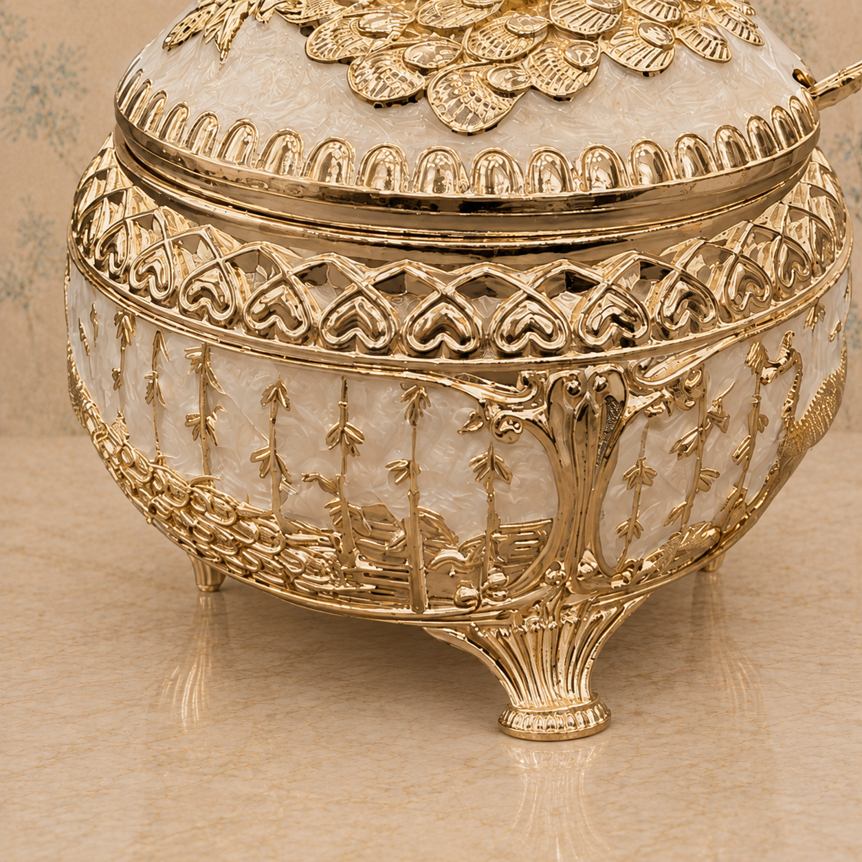 Premium Gold-Tone Peacock Decorative Serving Bowl with Lid & Spoon