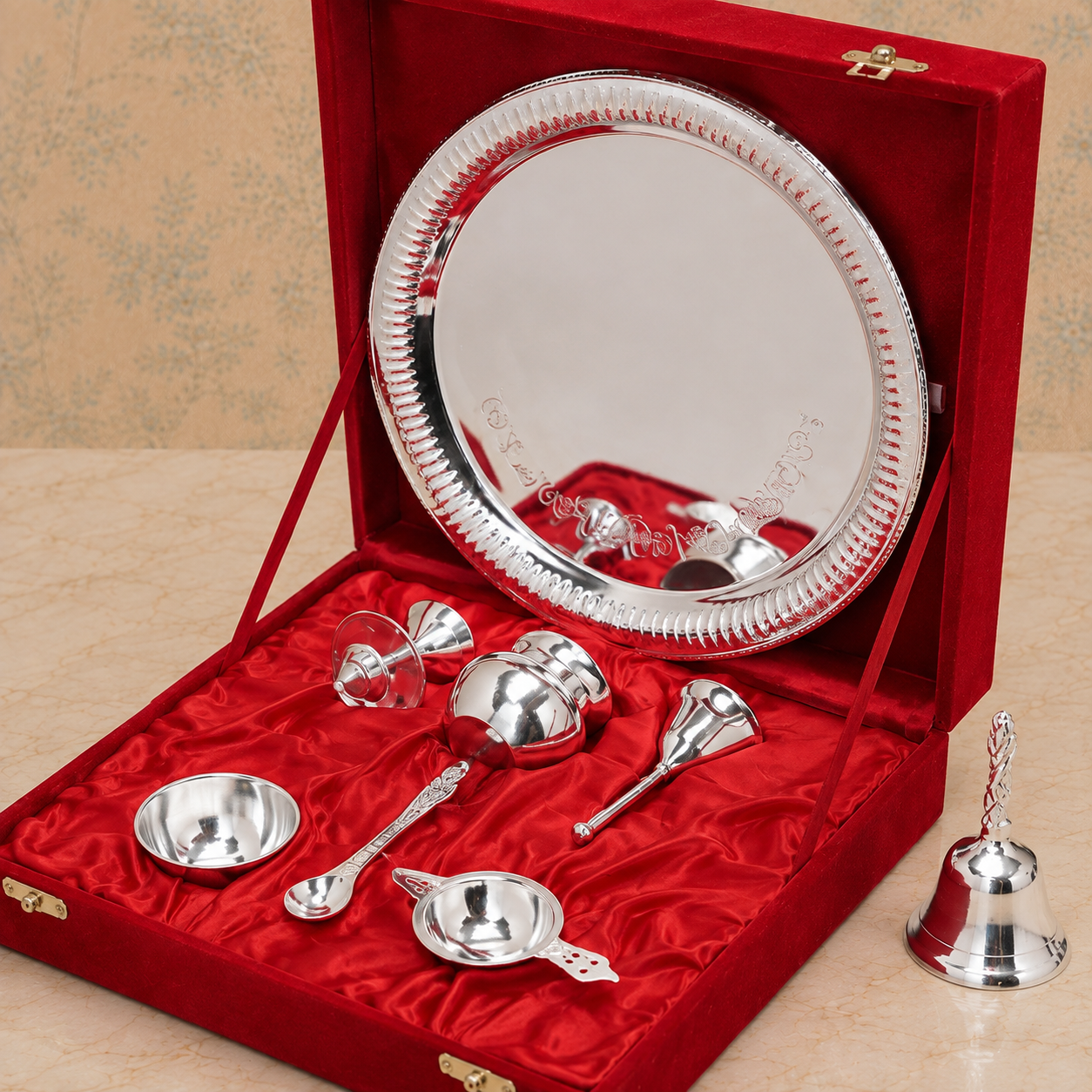 Royal Silver Finish Pooja Thali Set with Bell & Accessories