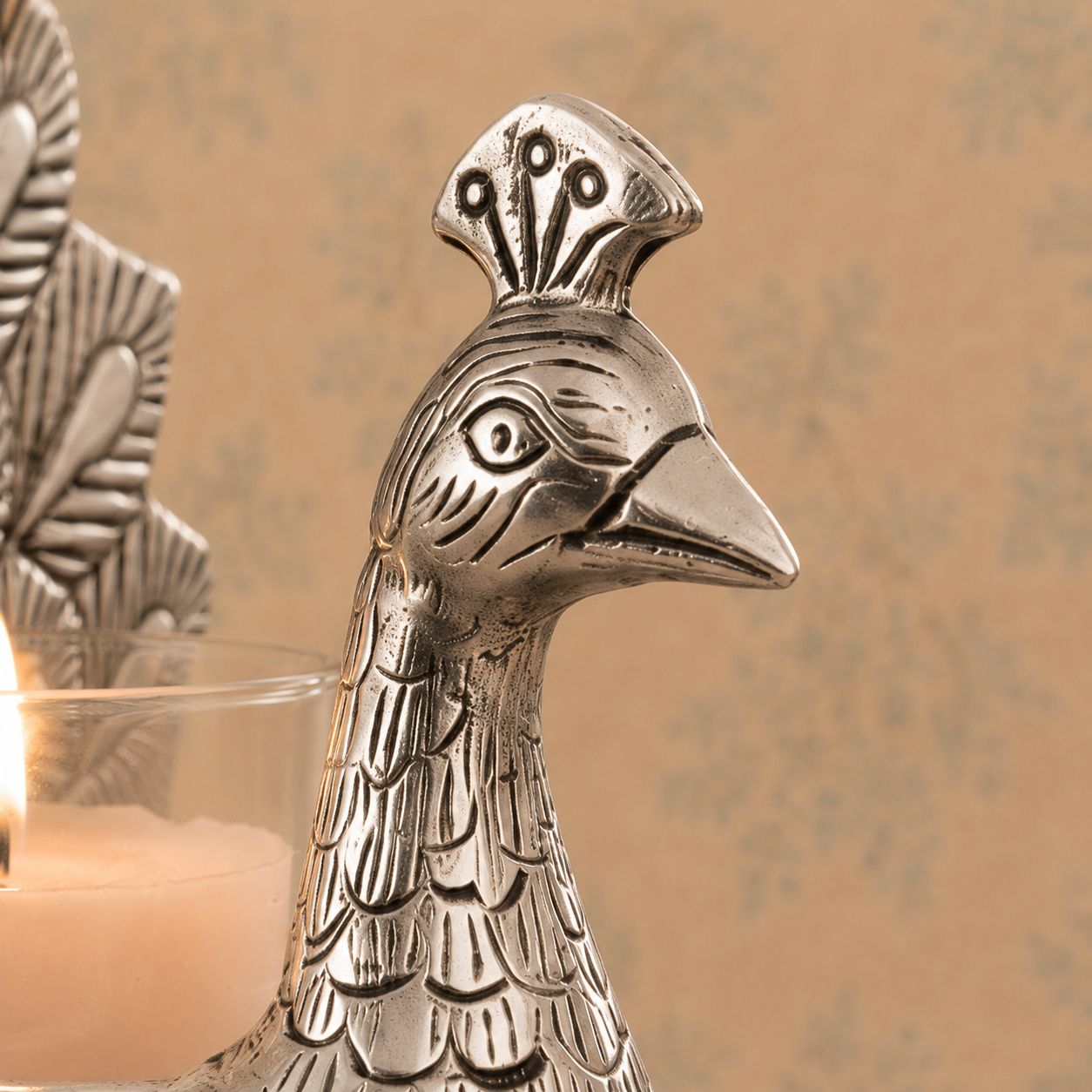 Antique Silver-Tone Peacock Tealight Candle Holder with Glass Cup