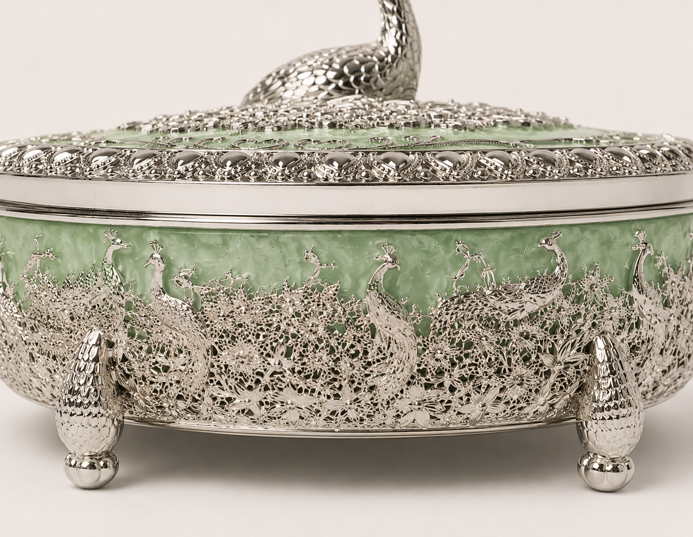 German Silver Peacock Enamel Decorative Storage Box