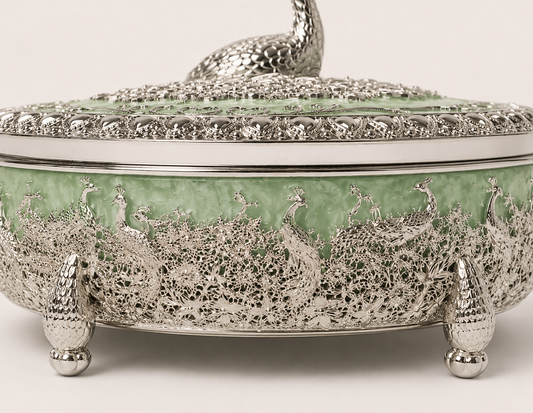 German Silver Peacock Enamel Decorative Storage Box