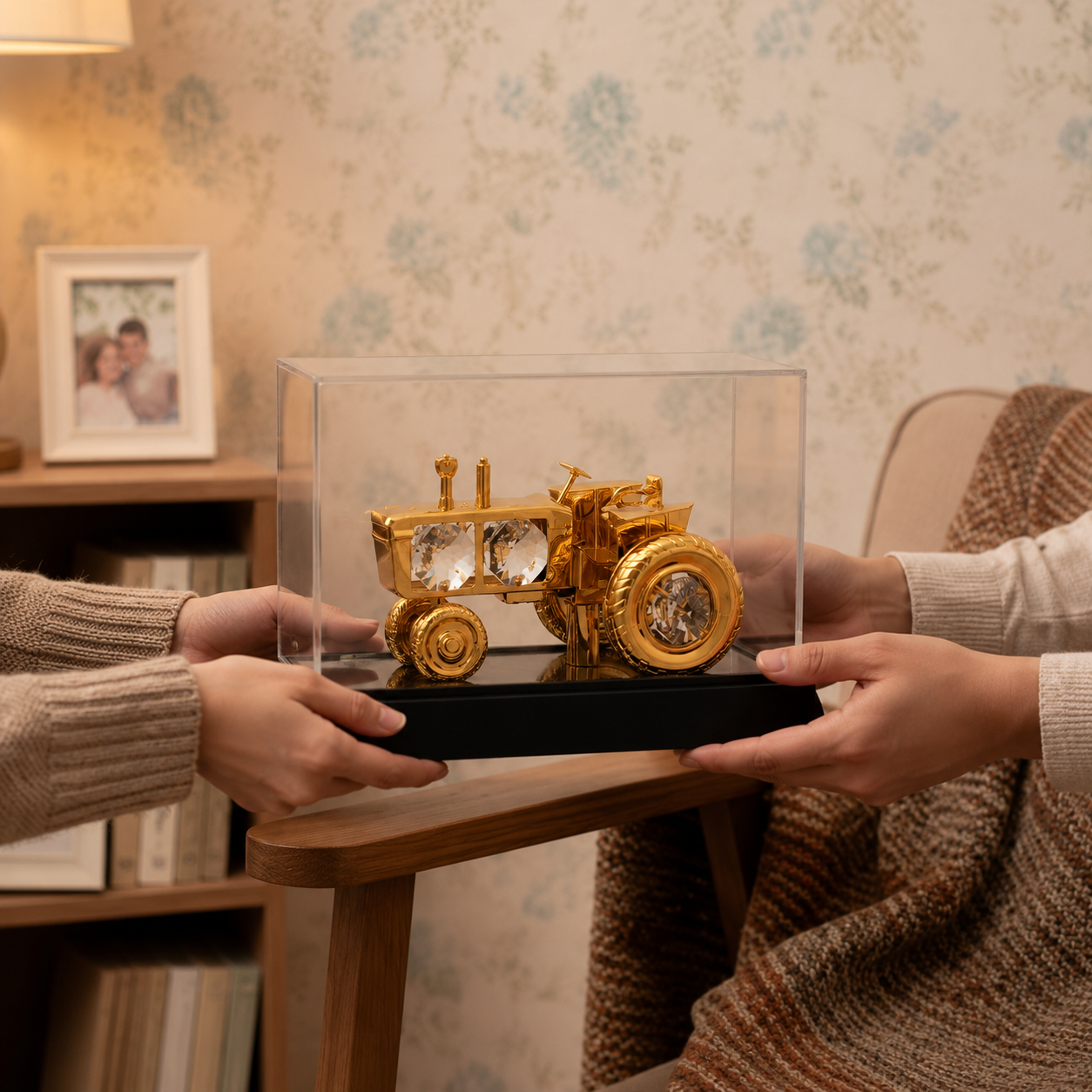 Premium Gold Finish Crystal Tractor Showpiece – Luxury Farm Vehicle Décor with Display Case
