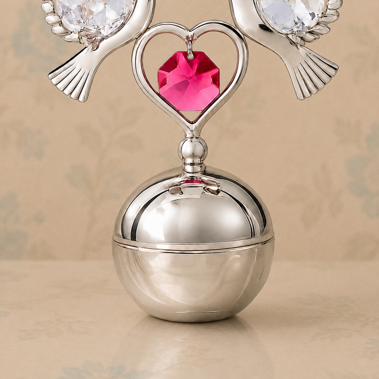 Silver Plated Twin Dove Figurine with Pink Crystal Heart