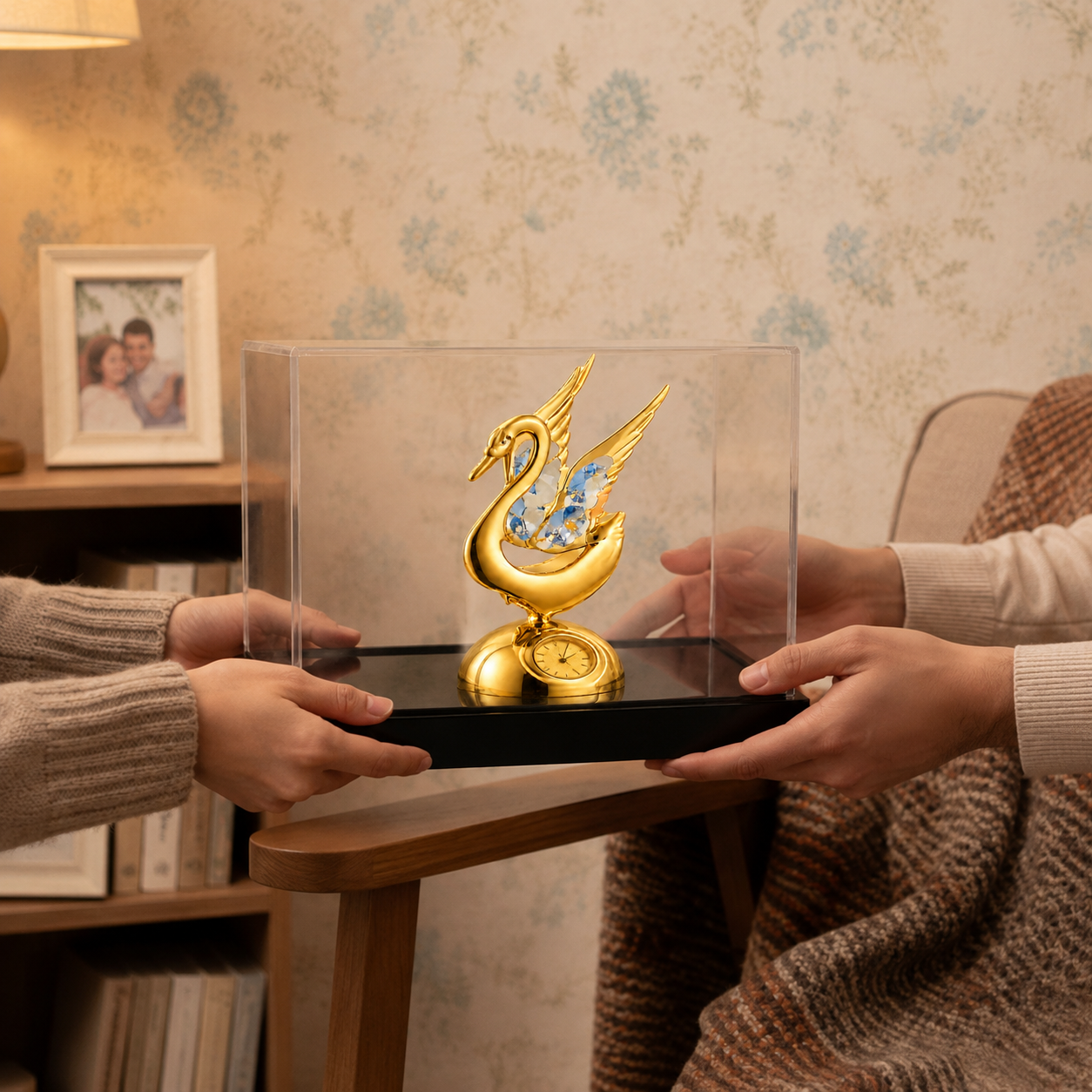 Golden Swan Crystal Figurine with Integrated Table Clock