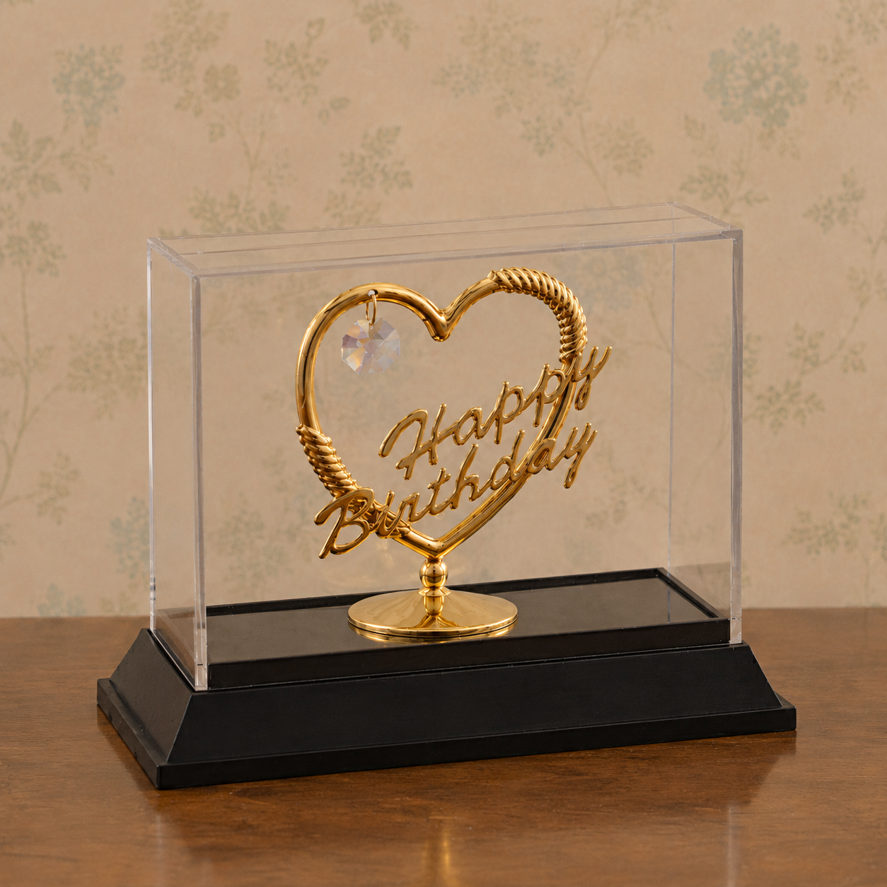 Premium Gold Finish Happy Birthday Heart Showpiece with Crystal Accent & Display Case