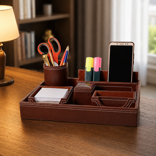 Premium Leather Desk Organizer – Multi-Compartment Office Stationery & Mobile Holder