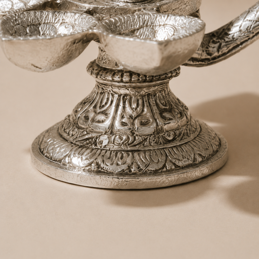 Silver Peacock Panchmukhi Diya with Decorative Handle