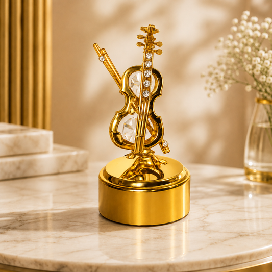 Premium Gold Finish Crystal Violin Showpiece – Luxury Musical Décor with Display Case
