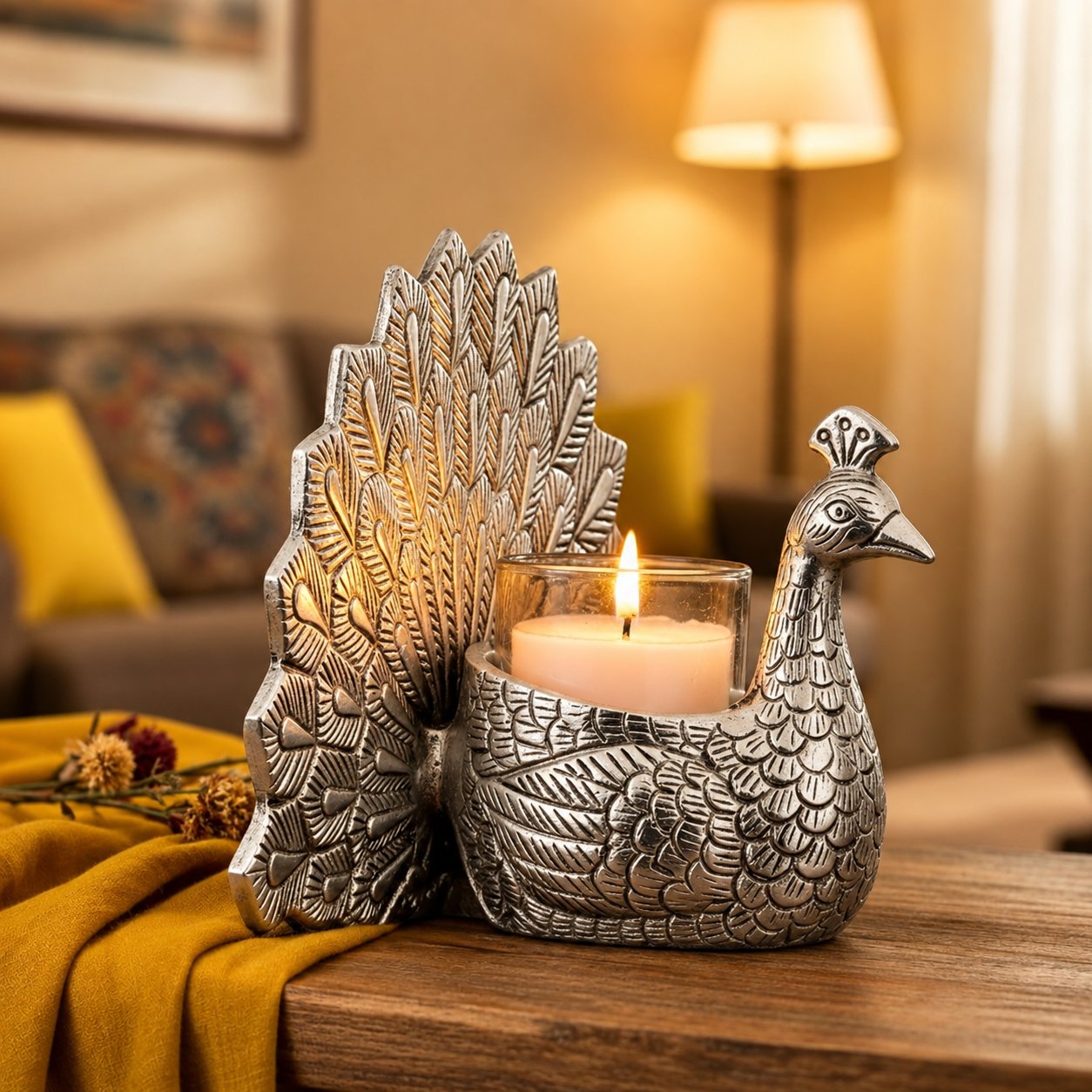 Antique Silver-Tone Peacock Tealight Candle Holder with Glass Cup