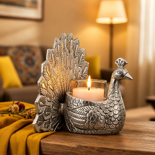 Antique Silver-Tone Peacock Tealight Candle Holder with Glass Cup