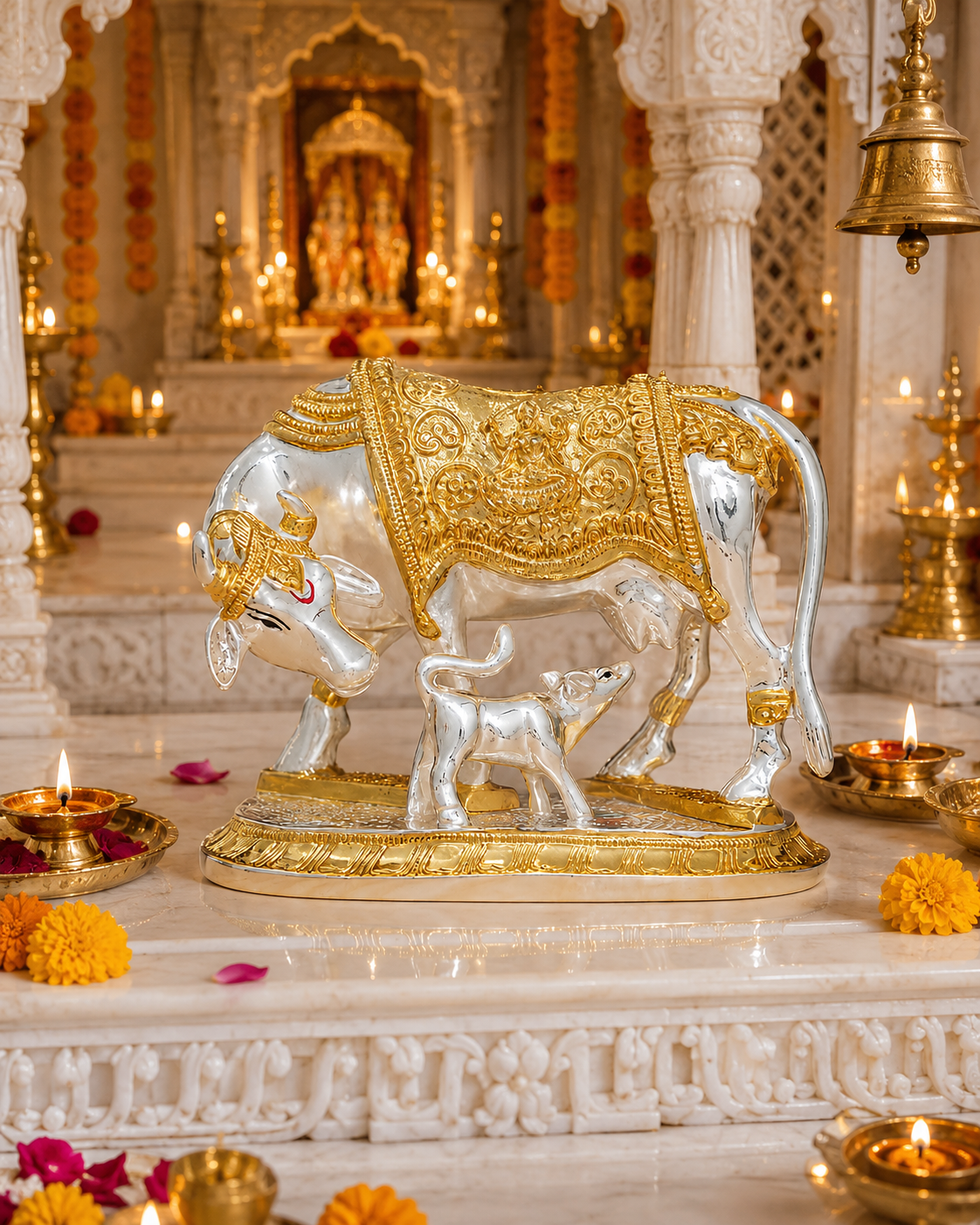 Kamdhenu Cow & Calf Gold Plated Idol